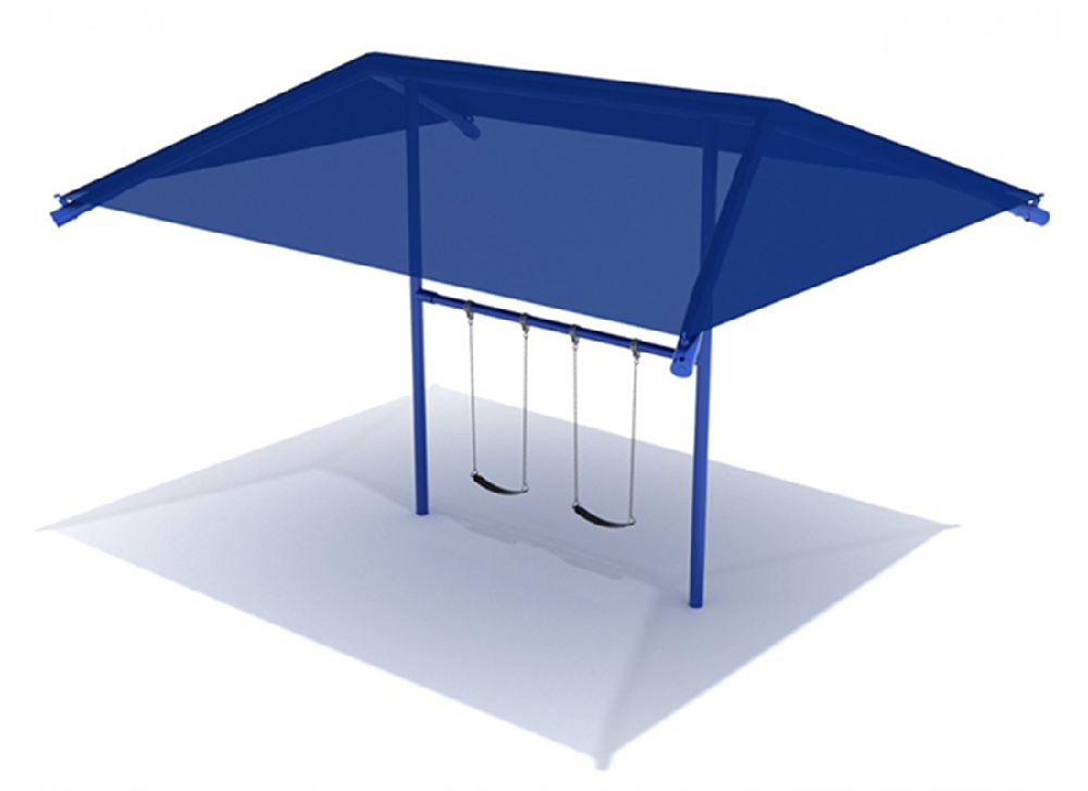 Commercial shaded swing set with integrated canopy designed to reduce sun exposure and improve playground comfort.
